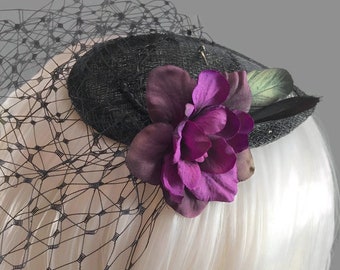 Purple Floral Fascinator - Black Fascinator with Purple Flower - Purple Fascinator - Flower Fascinator - Wedding Fascinator - Fascinator Hat