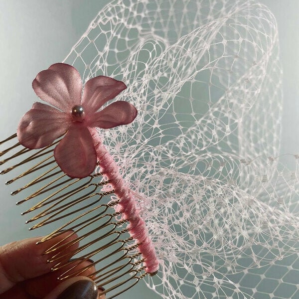 Pink Vintage Flower Veil - Pink - Birdcage Veil - Bridal Veil - Pink Birdcage Veil - Pink Veil - Blusher Veil - Bridal Headpiece - Vintage
