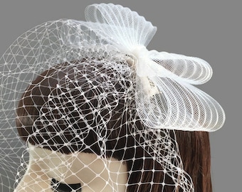 Birdcage Veil with Crinoline Bow - Bow Veil - Veil With Bow - Crinoline Bow Veil - Bridal Fascinator - Wedding Veil - Bridal Headpiece