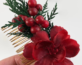 Red Bridal Hair Comb - Christmas Hair Comb - Christmas Wedding Hair Comb - Winter Wedding Comb - Winter Hair Comb - Red Winter Bridal Comb