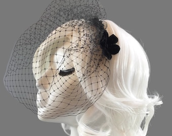 Funeral Veil - Black Floral Veil - Mourning Veil - Birdcage Veil - Vintage Flowers - Vintage Flower Veil - Black Bridal Veil - Velvet Flower