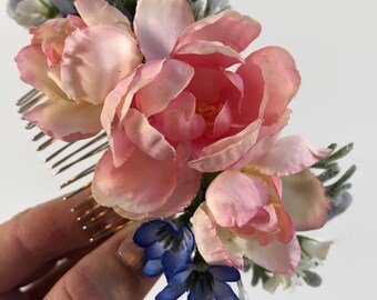 Blush Rose Bridal Hair Comb - Blush Wedding Comb - Greenery Hair Comb - Blue Floral Comb - Something Blue - Blush Flower Hair Comb