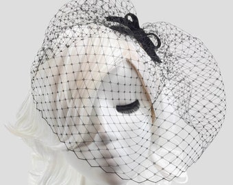 Black Birdcage Veil met Fluwelen Strik - Black Blusher Veil - Black Veil - Vintage Inspired - Bow Veil - Cocktail Party Veil - Bow Fascinator