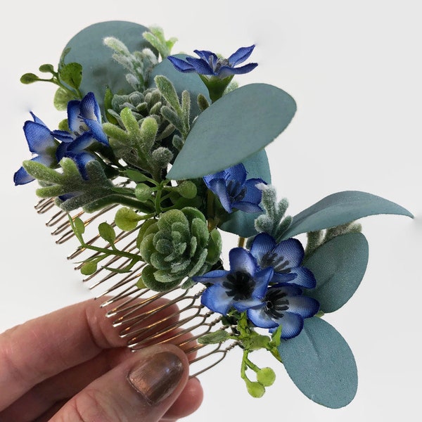 Blue Wildflower Comb - Blue Bridal Hair Comb - Blue Bridal Hairpiece - Succulent Hair Comb - Rustic Wedding Comb - Blue Floral Hair Comb