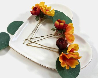 Fall Hairpins - Orange Hair Pins - Flower Hair Pins - Orange Bobby Pins - Eucalyptus Hair Pins - Eucalyptus Bobby Pins - Orange Hair Flowers