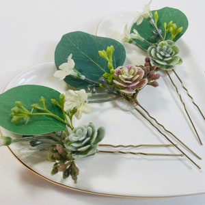 Succulent Hair Pins - Greenery Hair Pins - Bridal Hair Pins - Eucalyptus Hair Pins - Babies Breath Hair Pin Set - Wedding Hair Pin Set