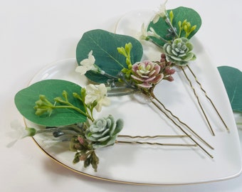 Succulent Hair Pins - Greenery Hair Pins - Bridal Hair Pins - Eucalyptus Hair Pins - Babies Breath Hair Pin Set - Wedding Hair Pin Set