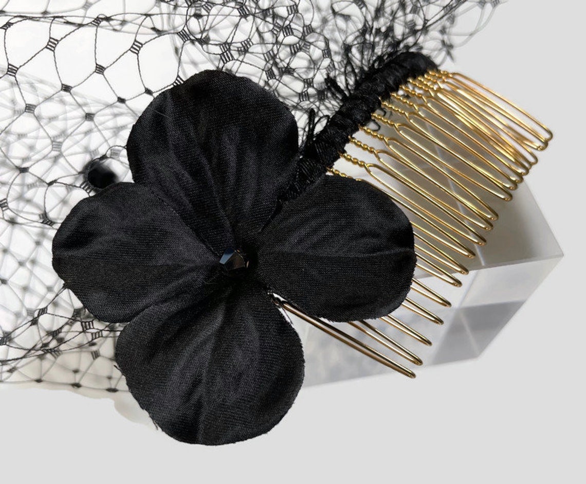 Black Hydrangea Funeral Veil - Black Birdcage Veil - Funeral Veil