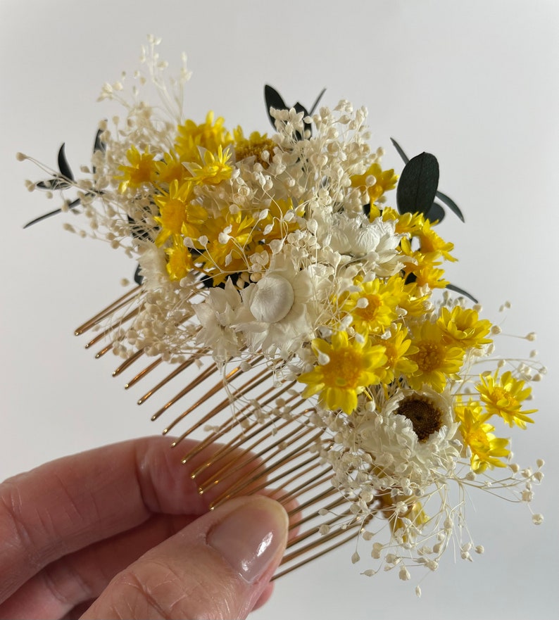 Yellow Dried Floral Comb Yellow Bridal Comb Dried Flower Wedding Comb Bridal Headpiece Real Flower Comb Yellow Headpiece image 1