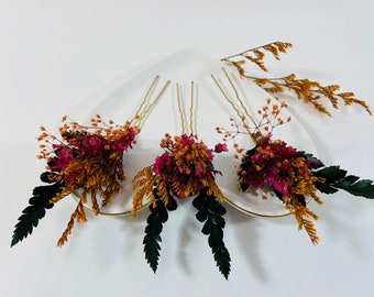 Horquillas de pelo de flores secas naranjas - horquillas de pelo de flores secas rosas - horquillas de pelo de novia - horquillas de pelo de boda - horquillas de boda rústicas - pelo de dama de honor