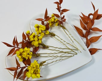 Dried Flower Pins - Yellow Dried Flowers - Leaf Hair Pins - Wedding Hair Pins - Bridal Hair Pins - Fall Wedding Hair Pins - Bridal Flowers