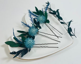 Thistle Hair Pin Set - Blue Hair Pin Set - Nupcial Hair Pins - Wedding Hair Pins - Blue Floral Hair Pins - Boho Wedding Pins - Blue Wedding