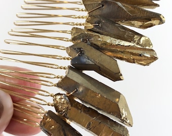 Gold Quartz Crystal Hair Comb - Crystal Hair Comb - Quartz Hair Comb - Wedding Hair Comb - Crystal Headpiece - Raw Crystal Point Hair Comb
