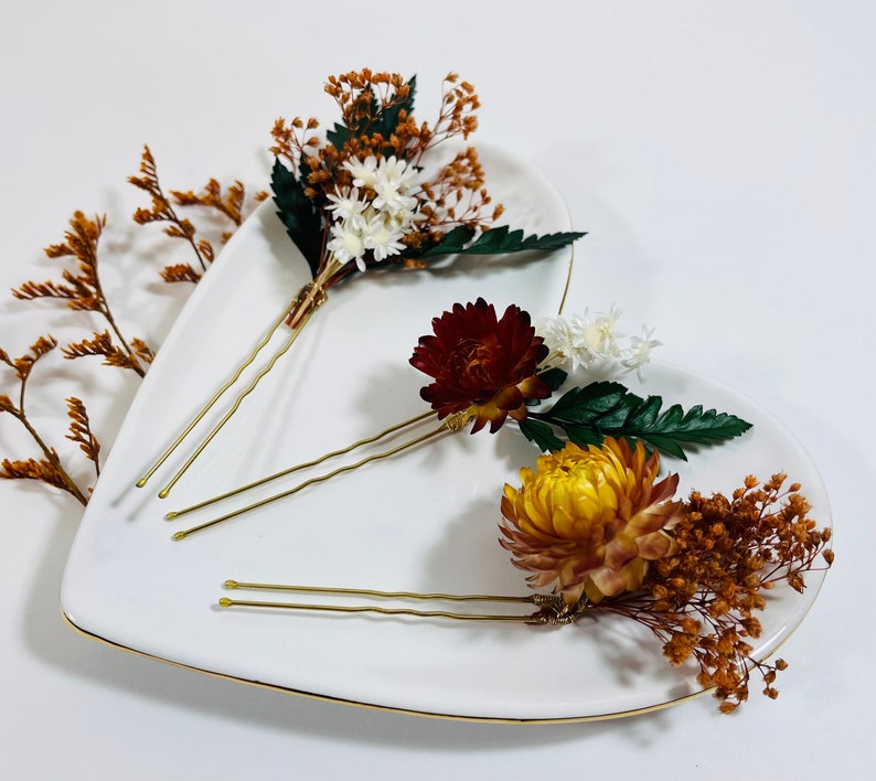 Fall Wedding Bridal Hair Pins Dried Flower Hair Pin Set Strawflowers Dried Flower Bobby Pins Floral Hair Pins Fall Hair Accessory image 4