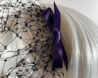 Black Birdcage Veil with Purple Bow - Funeral Veil - Mourning Veil - Black Veil - Black Fascinator - Black Blusher Veil - Black Bridal Veil