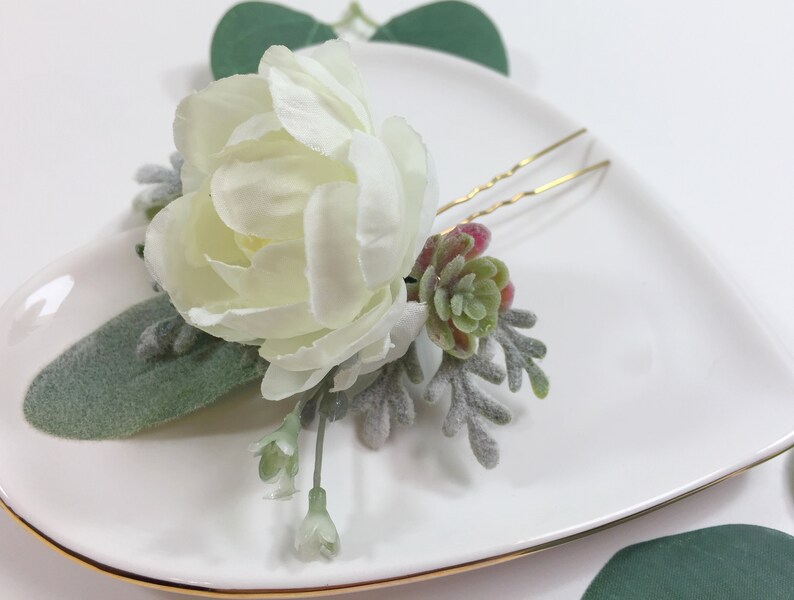 White Rose Bridal Hair Pin Succulent Hair Pin Succulent Bridal Pin Greenery Hair Pin Greenery Wedding Hair Pin Bridal Hair Pin image 1