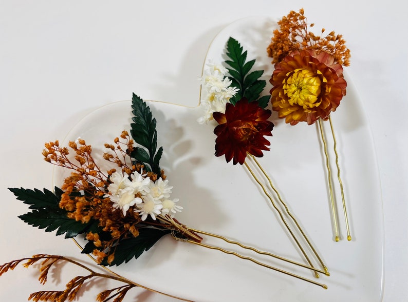 Fall Wedding Bridal Hair Pins Dried Flower Hair Pin Set Strawflowers Dried Flower Bobby Pins Floral Hair Pins Fall Hair Accessory image 5