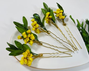 Boxwood - Hair Pins - Dried Flower Hair Pins - Dried Flowers - Dried Flower Hair Piece - Yellow Dried Flower Hair Pin - Wedding Hairpins