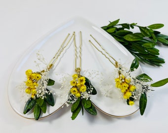 Yellow Dried Flower Hair Pins - Bridal Hair Pins - Dried Flower Bridal Pins - Wedding Hair Pins - Yellow Dried Flowers - Rustic Bridal Pins