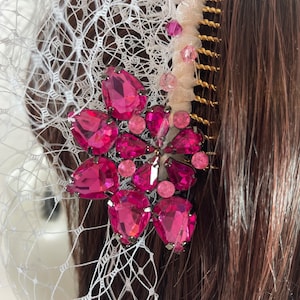 Pink Vintage Jewel Veil - Birdcage Veil - Blusher Veil - French Net Veil - Vintage Bride - Wedding Veil - Bridal Face Veil - Rhinestone Veil
