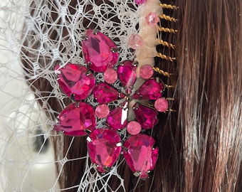 Pink Vintage Jewel Veil - Birdcage Veil - Blusher Veil - French Net Veil - Vintage Bride - Wedding Veil - Bridal Face Veil - Rhinestone Veil