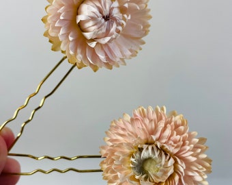 Pale Pink Strawflower Hair Pins - Blush Flower Hair Pins - Dried Flower Hair Pins - Wedding Hair Pins - Bridal Hair Pins - Flower Hair Pins