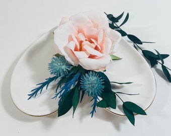 Blush Rose and Blue Thistle Hair Pin - Blush Rose Hair Pin - Blush Wedding Hair Flowers - Bridal Hair Pins - Blush Pink - Bridal Headpiece