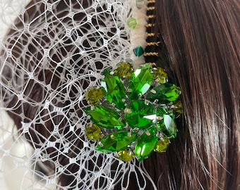 Green Jewel Birdcage Veil - Vintage Birdcage Veil - White Birdcage Veil - Wedding Veil - Vintage Bride - Rhinestone Veil - Bridal Hair Jewel