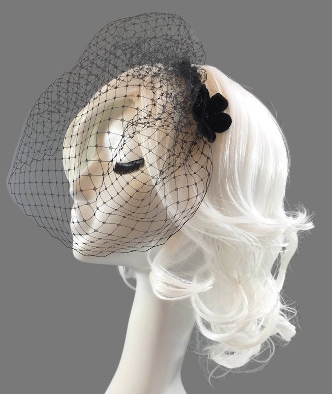 Ashro, Black, Floral, Fascinator, Birdcage Veil, Made In The USA, Polyester Black Birdcage Bridal Veil with Feather Fascinator main image 2
