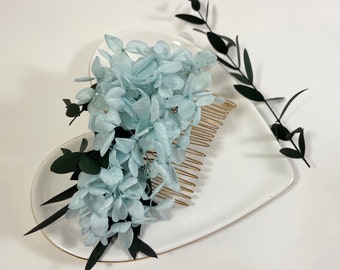 Hydrangea Comb - Light Blue - Something Blue - Blue Bridal Comb - Wedding Comb - Dried Flower Comb - Preserved Flowers - Greenery Hair Comb