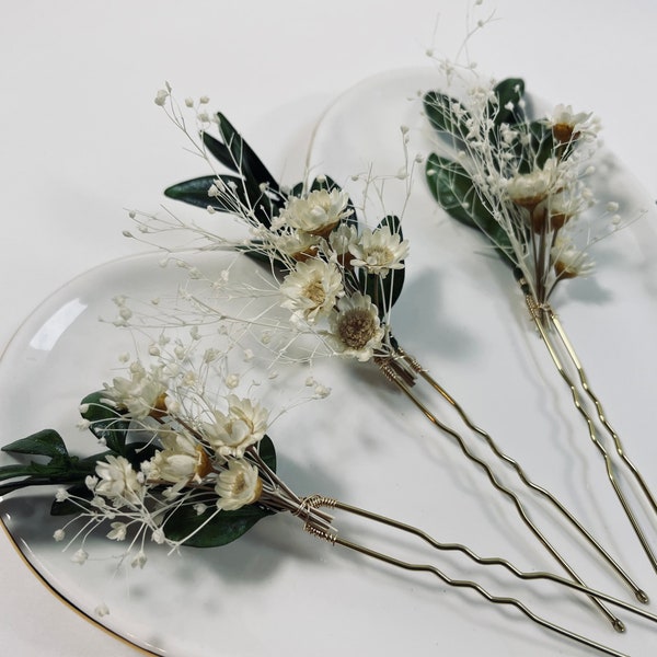 Dried Flower Pins - Starflower Hair Pins - Babies Breath Hair Pins - Boxwood Hair Pins - Greenery Hairpins - Greenery Wedding - Wedding Hair