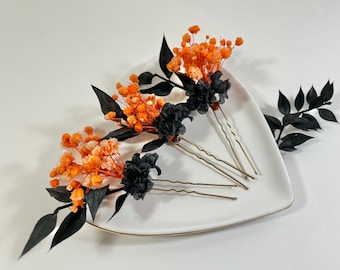 Halloween Floral Hair Pins - Orange Babies Breath Hair Pins - Black Floral Hair pins - Black Leaf Hair Pins - Halloween Bride -Black Wedding