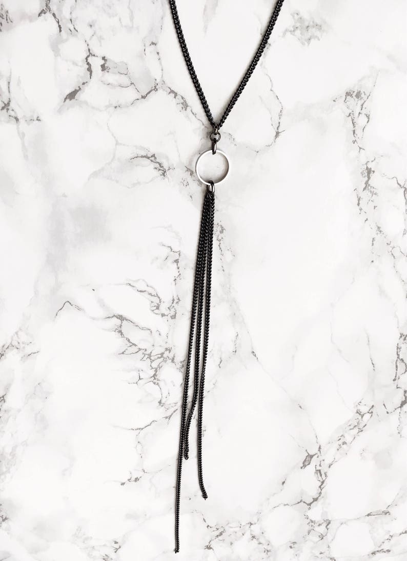 Mod Handmade Silver Gifts for her. Minimalist Jewelry Edgy Lariat Y necklace Gunmetal Bolo necklace Hydra Necklace