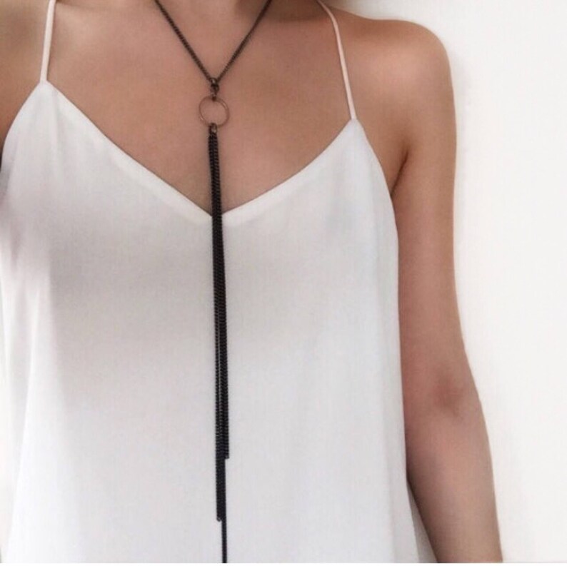 Mod Handmade Silver Gifts for her. Minimalist Jewelry Edgy Lariat Y necklace Gunmetal Bolo necklace Hydra Necklace