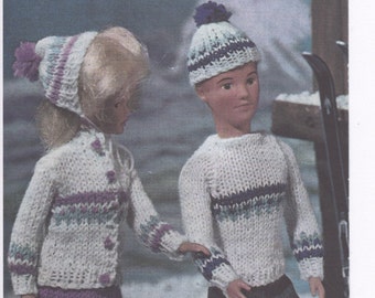 Barbie & Ken bijpassende ski-outfits, Sindy gebreide ski-outfit, gebreid skipatroon, Ken skipatroon, gebreide skitrui, gebreide skimuts
