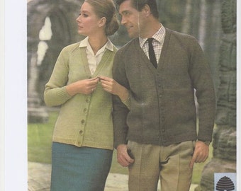 His and Hers Cardigan.Matching cardigan.Double knitting pattern. Button Up Cardigan. Vintage knitting pattern. Knitting pattern only.