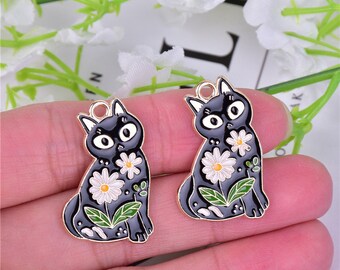 10pcs 18x28mm Enamel Flower Cat Charms for Jewelry Making Fashion Necklace  Pendant Bracelet Earring Charms Diy