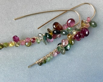 Watermelon Tourmaline Earrings, October Birthstone , Polished Watermelon Tourmaline Hoops, Gold Filled, Ready to Ship
