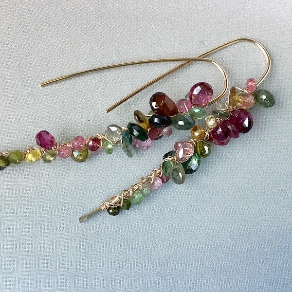 Watermelon Tourmaline Earrings, October Birthstone , Polished Watermelon Tourmaline Hoops, Gold Filled, Ready to Ship