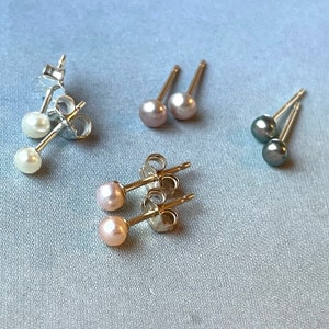 Tiny 3mm Pearl Stud Earrings in Cream, Pink, Peach, Metallic Grey and Peacock Blue, 3mm Pearl Stud Earrings, Sterling Silver, Gold Filled
