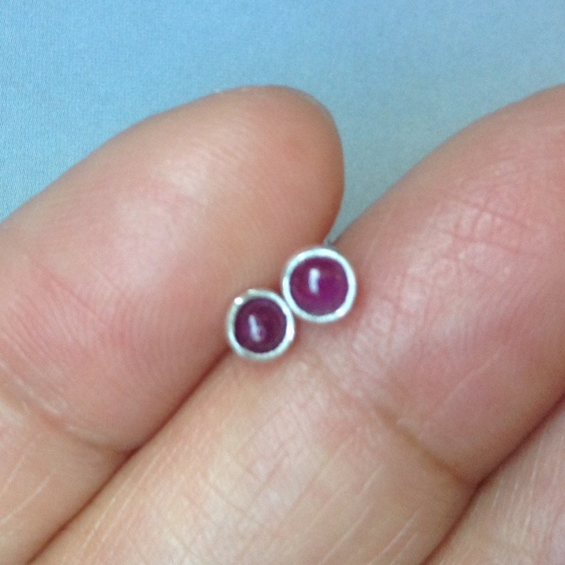 May include: A pair of small, round stud earrings. Each earring has a deep red gemstone set in a silver-coloured bezel. The earrings are simple and elegant, suitable for everyday wear.