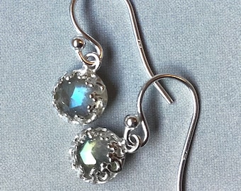 Labradorite Earrings in Sterling Silver, 6mm Faceted Rose Cut Labradorite Drop Earrings, Birthstone Earrings, Gallery Setting