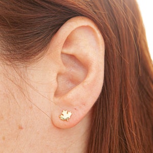 Maple Leaf Earrings, Sterling Silver Maple Leaf Stud Earrings, Rose Gold Maple Leaf Studs, Yellow Gold Leaf Earring, Canadian Jewelry
