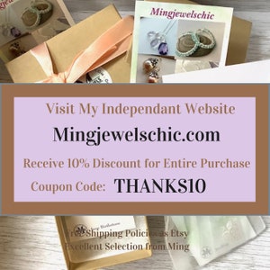 May include: A promotional image showcasing jewellery packaging and marketing materials. It features a brown box with a peach ribbon, cards with jewellery images, and text that reads "Mingjewelschic.com" and "THANKS10".