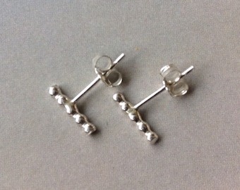 Beaded Bar Stud Earrings, Dot Bar Studs in Sterling Silver Earrings,T Silver Studs, Line Stud Earrings