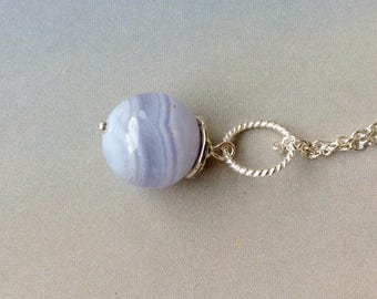 Blue Lace Agate Pendant, 12mm Best Quality Blue Lace Agate Necklace, sterling silver pendant, Blue Lace Agate Gemstone