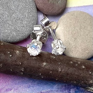 Moonstone Stud Earrings,  Sterling Silver, Rainbow Moonstone  Earrings, Tiny 3mm Gemstone Studs, June Birthstone, Birthday Gift