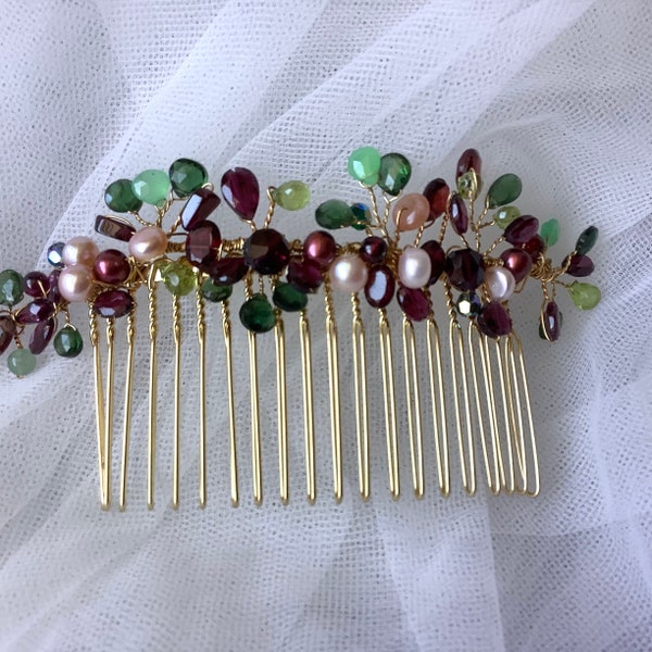 Garnet Hair Comb, Garnet Barrette, Red Hair Comb, Bridal Hair accessary, Real Gemstone Hair Piece, Wedding Hair Accessary, Prom Hair Comb