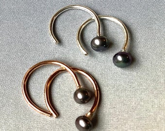Pearl Huggie Earrings, Peacock Blue Pearl Hoops, Sterling Silver, 14K Gold Filled and 14K Rose Gold Filled, Tiny Hoops
