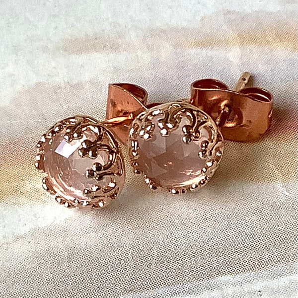 Rose Quartz Stud Earrings in Rose Gold, Sterling Silver and Yellow Gold, 6mm, 8mm, Rose Cut  Rose Quartz Earrings, April Birthstone Earrings